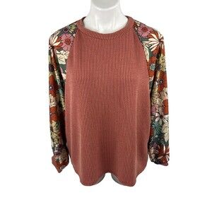 Lovely Melody Women Medium Floral Sleeve Top Ribbed Casual NWT